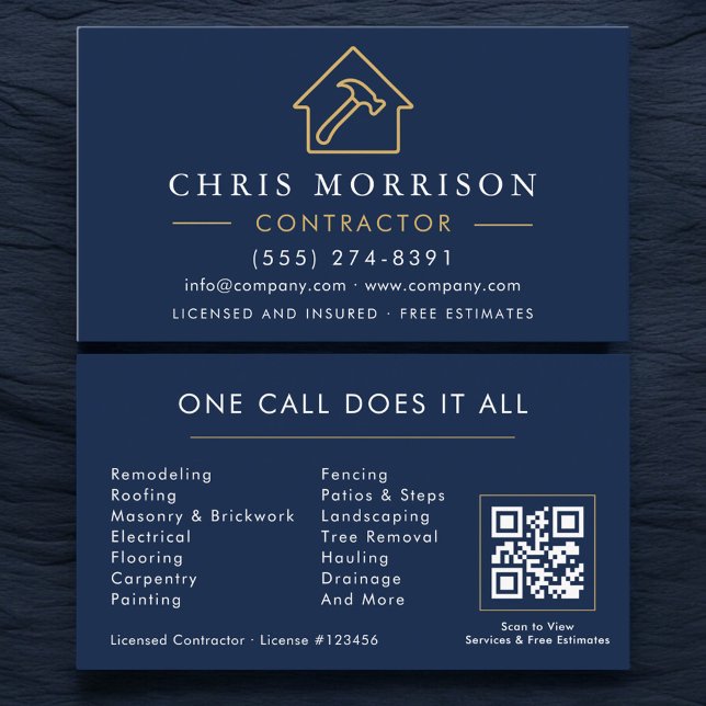 Carte De Visite Code QR de la société de construction Navy Blue (Créateur téléchargé)
