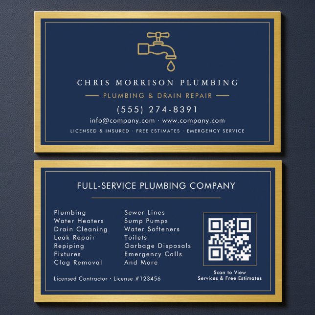 Carte De Visite Code QR de la société de plomberie Navy Blue métal (Créateur téléchargé)