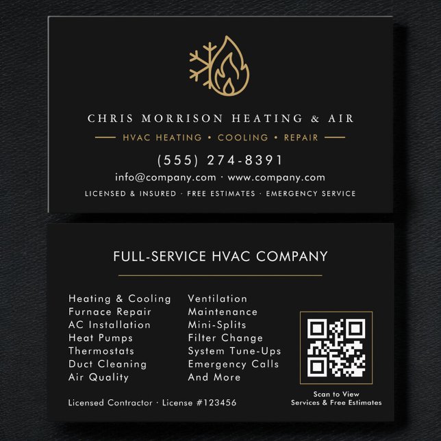 Carte De Visite Code QR de la société de services de CVC noir (Créateur téléchargé)