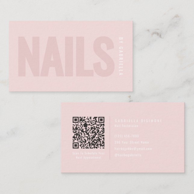 Carte De Visite Code QR de la technologie d'ongles rose moderne bl (Devant / Derrière)