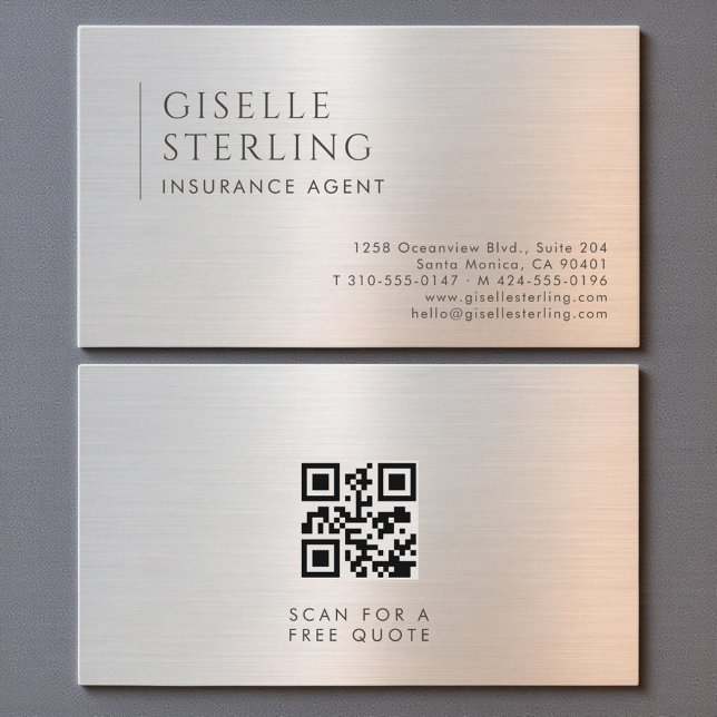 Carte De Visite Code QR de l'agent d'assurance en métal brossé (Créateur téléchargé)