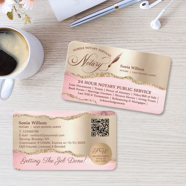 Carte De Visite Code QR de l'agent de notaire mobile élégant et de (elegant notary business cards with blush pink background and gold feather pen and QR code)