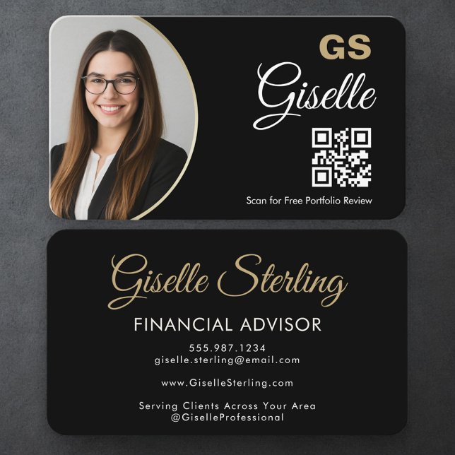 Carte De Visite Code QR de l'agent financier Photo Noir Or (Créateur téléchargé)
