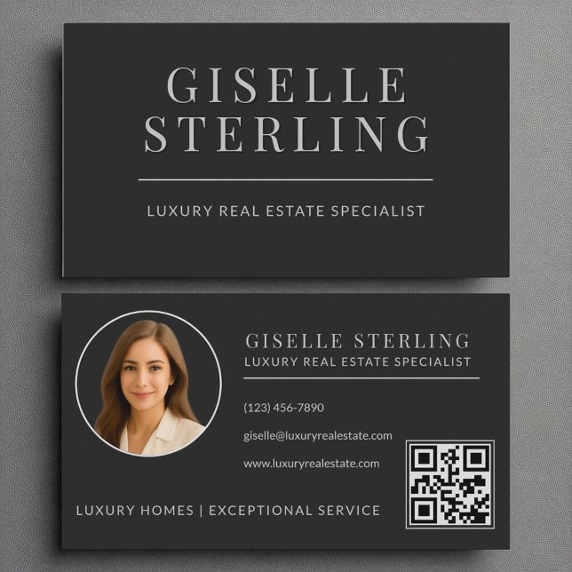 Carte De Visite Code QR de l'agent immobilier Black Silver (Créateur téléchargé)