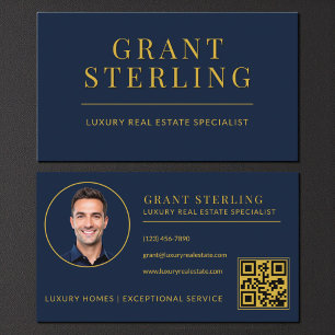 Carte De Visite Code QR de l'agent immobilier bleu marine or moder