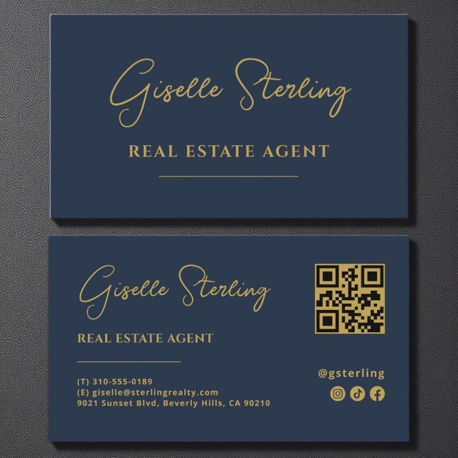 Carte De Visite Code QR de l'agent immobilier Blue & Gold Navy (Créateur téléchargé)