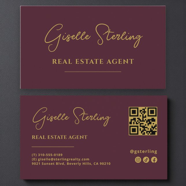 Carte De Visite Code QR de l'agent immobilier Burgundy & Gold (Créateur téléchargé)