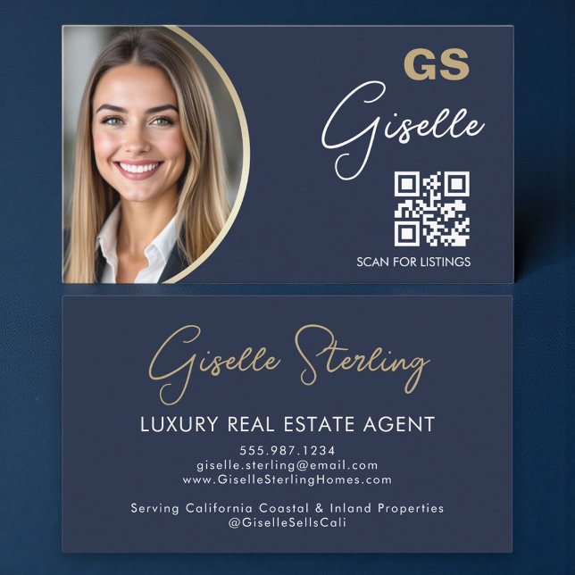 Carte De Visite Code QR de l'agent immobilier de luxe bleu marine  (Créateur téléchargé)