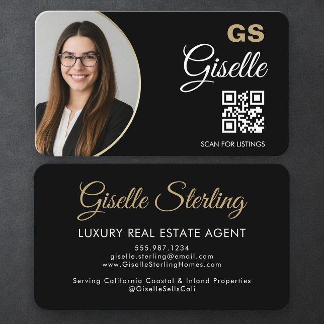Carte De Visite Code QR de l'agent immobilier de luxe Noir Or Phot (Créateur téléchargé)