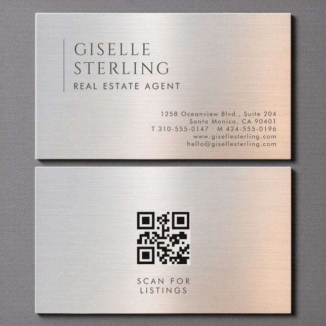 Carte De Visite Code QR de l'agent immobilier en métal brossé (Créateur téléchargé)
