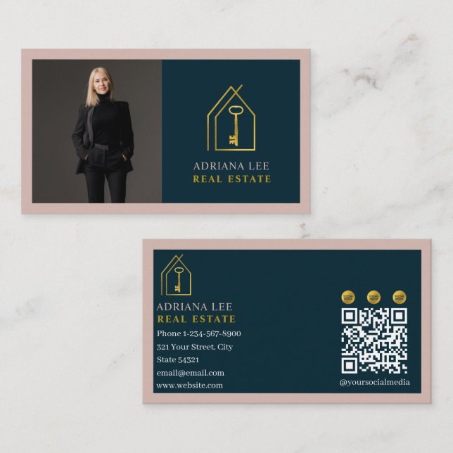 Carte De Visite Code QR de l'agent immobilier Gold Key Photo Rose (Devant / Derrière)