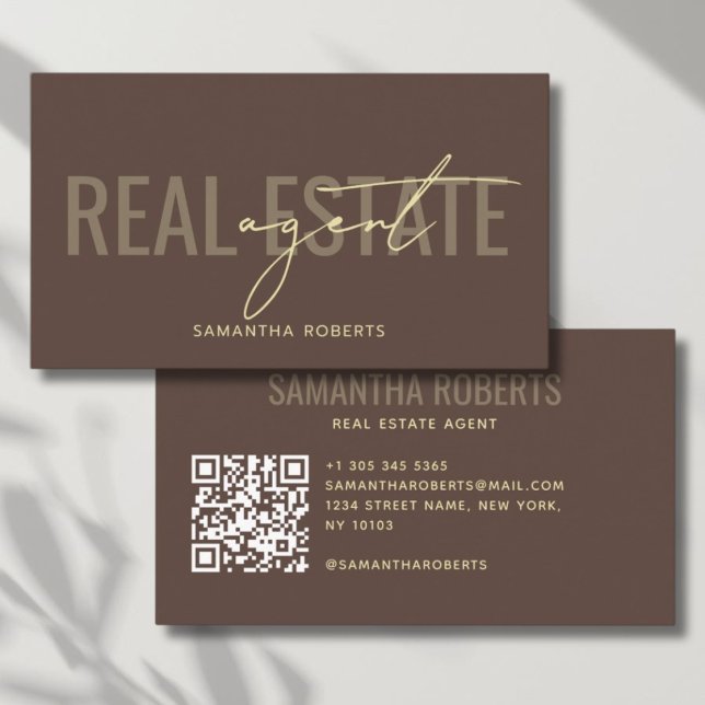 Carte De Visite Code QR de l'agent immobilier moderne marron (Créateur téléchargé)