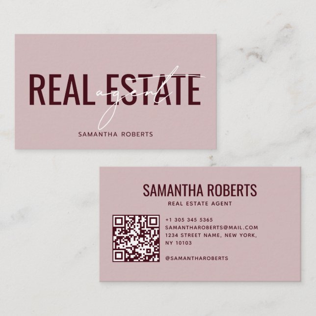 Carte De Visite Code QR de l'agent immobilier moderne rouge rose (Devant / Derrière)