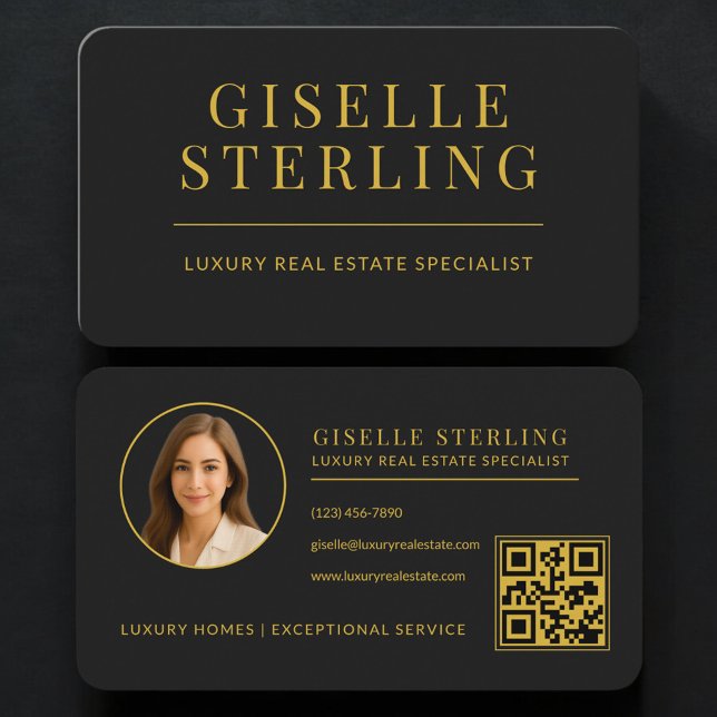 Carte De Visite Code QR de l'agent immobilier noir or (Créateur téléchargé)
