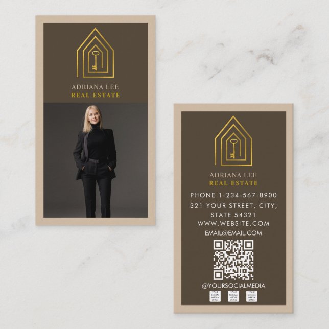 Carte De Visite Code QR de l'agent immobilier photo clé or marron (Devant / Derrière)