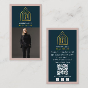Carte De Visite Code QR de l'agent immobilier Photo Real Gold Key 