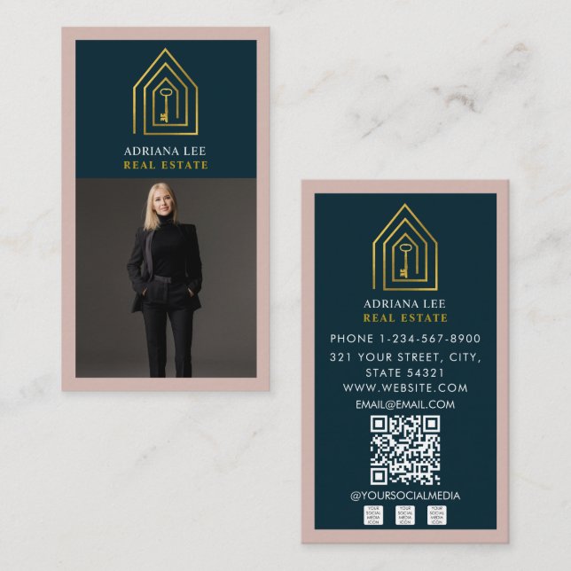 Carte De Visite Code QR de l'agent immobilier Photo Real Gold Key  (Devant / Derrière)