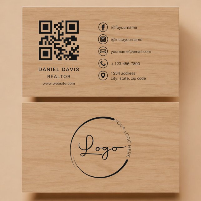 Carte De Visite Code QR de l'agent immobilier Wood Professional (Créateur téléchargé)