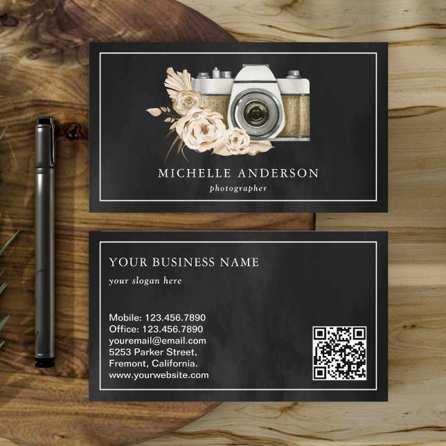 Carte De Visite Code QR de l'appareil photo floral Boho rustique p (Créateur téléchargé)