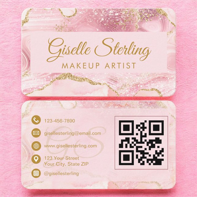 Carte De Visite Code QR de l'artiste de maquillage d'agate rose-bl (Créateur téléchargé)