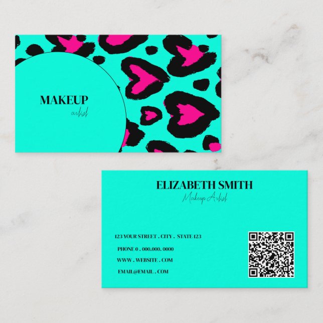Carte De Visite code QR de l'artiste de maquillage rose chaud turq (Devant / Derrière)