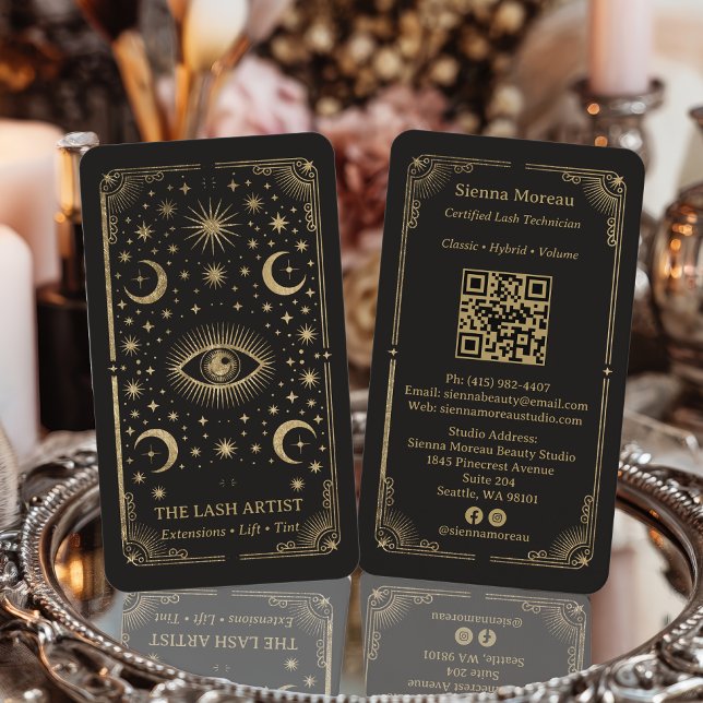 Carte De Visite Code QR de l'artiste en cils Tarot Céleste Rétro O (Gold Retro Celestial Tarot Lash Artist QR Code Business Card)