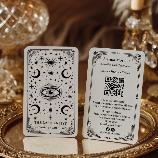 Carte De Visite Code QR de l'artiste en cils Tarot Céleste Rétro V (Vintage Retro Celestial Tarot Lash Artist QR Code Business Card)