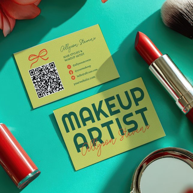 Carte De Visite Code QR de l'artiste en maquillage rétro vert citr (Retro Green Citrus Makeup Artist QR Code Business Card)