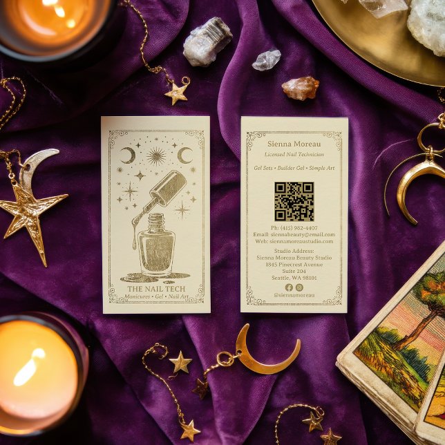 Carte De Visite Code QR de l'artiste en ongles Tarot Céleste Rétro (Gold Retro Celestial Tarot Nail artist QR Code Business Card)