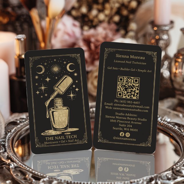 Carte De Visite Code QR de l'artiste en ongles Tarot Céleste Rétro (Gold Retro Celestial Tarot Nail artist QR Code Business Card)