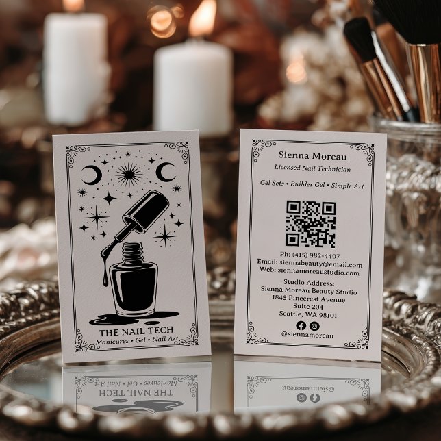 Carte De Visite Code QR de l'artiste en ongles Tarot Céleste Rétro (Vintage Retro Celestial Tarot Nail artist QR Code Business Card)