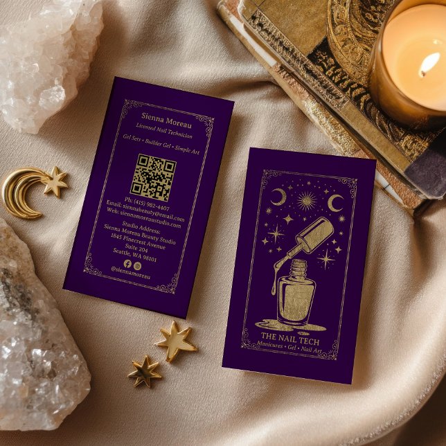 Carte De Visite Code QR de l'artiste en ongles Tarot Céleste Viole (Gold Purple Celestial Tarot Nail artist QR Code Business Card)