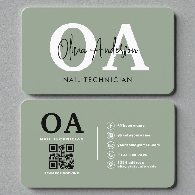 Carte De Visite Code QR de l'artiste en ongles Vert Sauge (Créateur téléchargé)