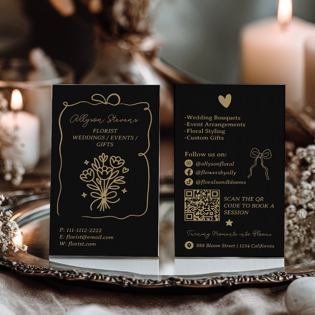 Carte De Visite Code QR de l'artiste fleuriste rétro or noir Doodl (Retro Gold Black Doodles Florist Artist QR Code Business Card)