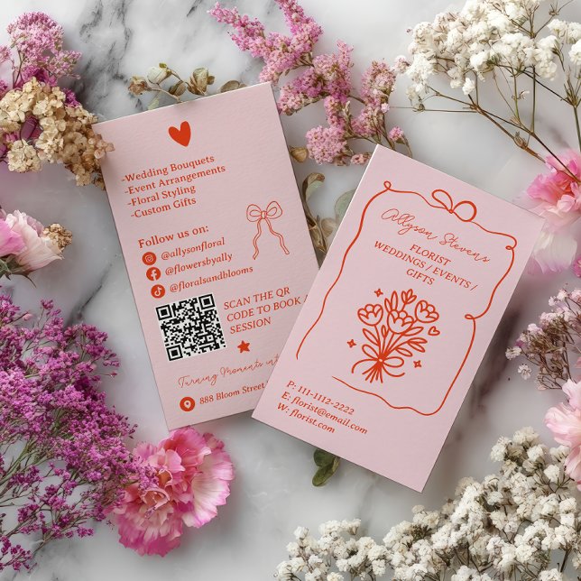 Carte De Visite Code QR de l'artiste fleuriste rose rétro rouge (Retro Pink Red Doodles Florist Artist QR Code Business Card)