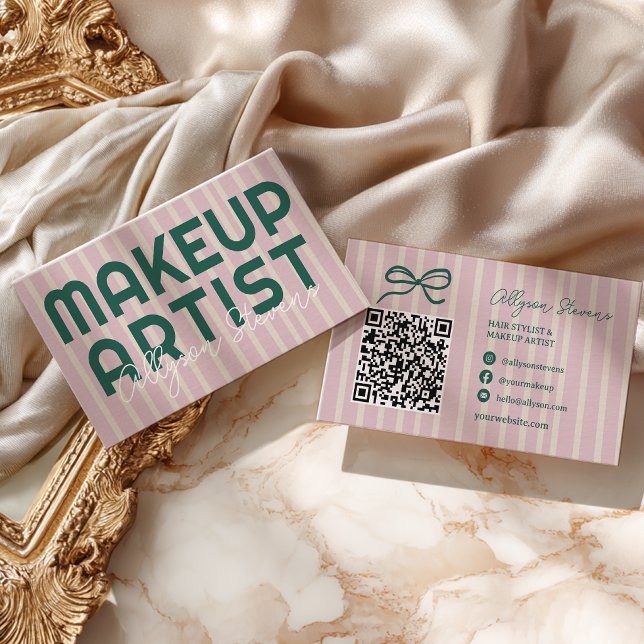 Carte De Visite Code QR de l'Artiste Maquilleur Rayure Verte Rose  (Preppy Pink Stripe Green Makeup Artist QR Code Business Card)