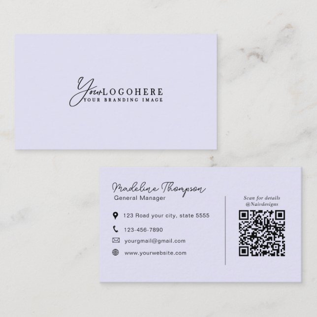 Carte De Visite Code QR de lavande de script de logo propre profes (Devant / Derrière)