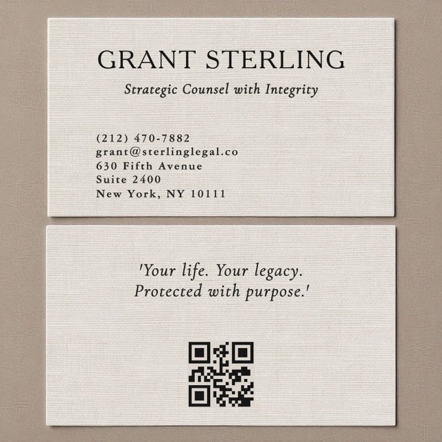 Carte De Visite Code QR de l'avocat en lin minimal  (Créateur téléchargé)
