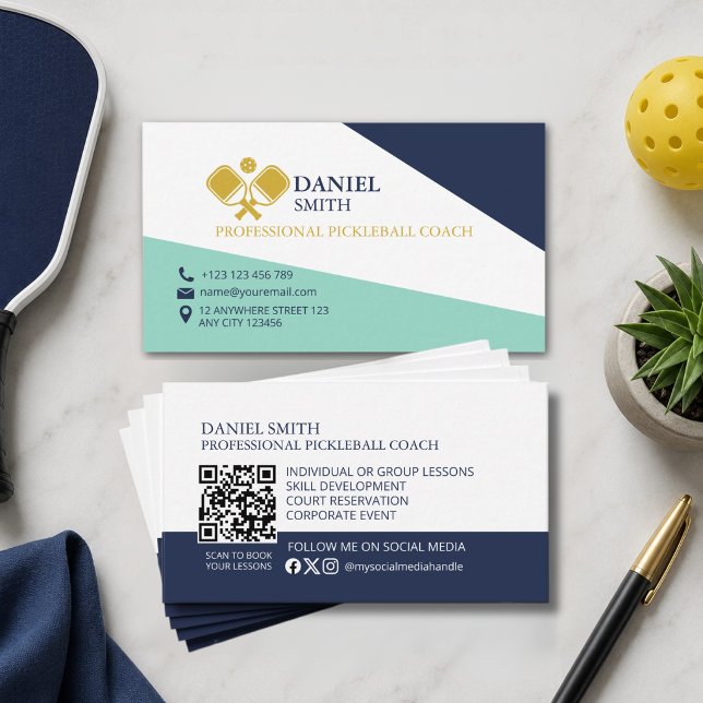 Carte De Visite Code QR de l'entraîneur de Pickleball Élégant Mode (Créateur téléchargé)