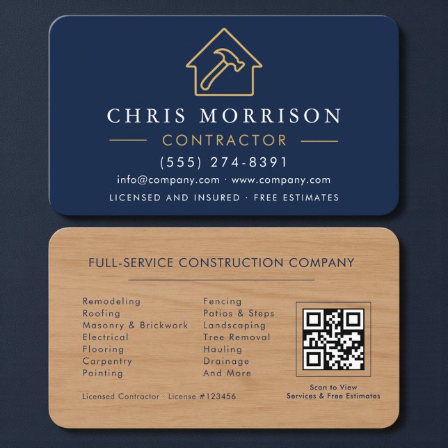 Carte De Visite Code QR de l'entrepreneur Bleu Marine Texture Bois (Créateur téléchargé)
