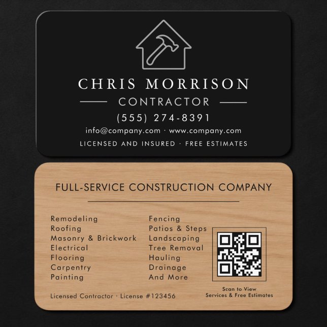 Carte De Visite Code QR de l'entrepreneur en construction bois (Créateur téléchargé)