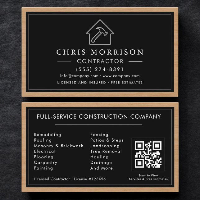 Carte De Visite Code QR de l'entrepreneur en construction en bois  (Créateur téléchargé)