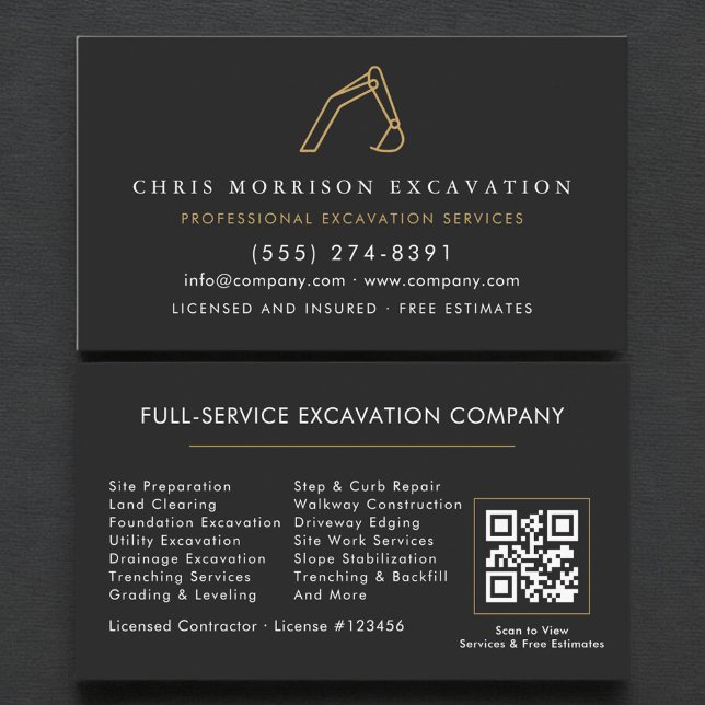 Carte De Visite Code QR de l'entrepreneur en construction et excav (Créateur téléchargé)