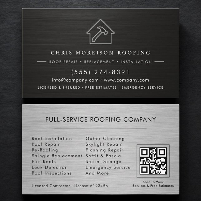 Carte De Visite Code QR de l'entrepreneur en toiture Black Silver  (Créateur téléchargé)