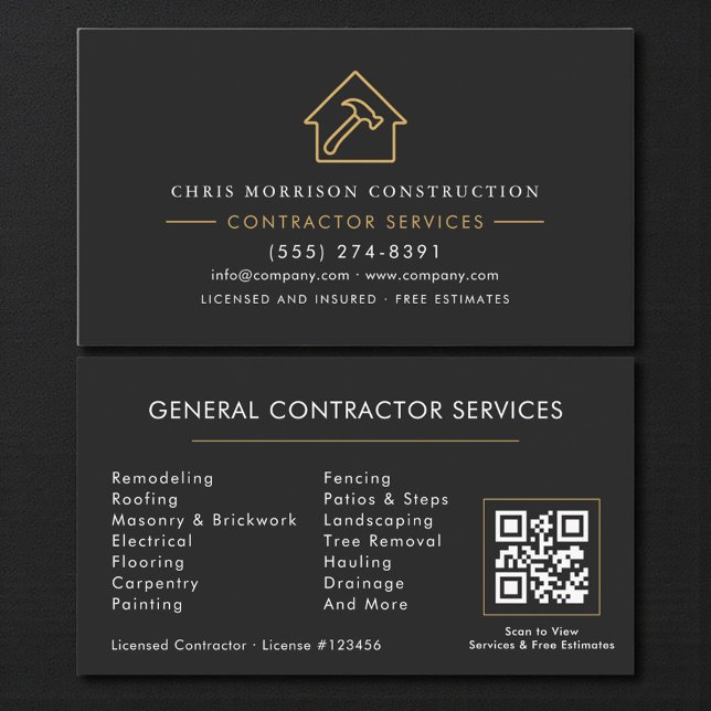 Carte De Visite Code QR de l'entrepreneur général Black Gold (Créateur téléchargé)