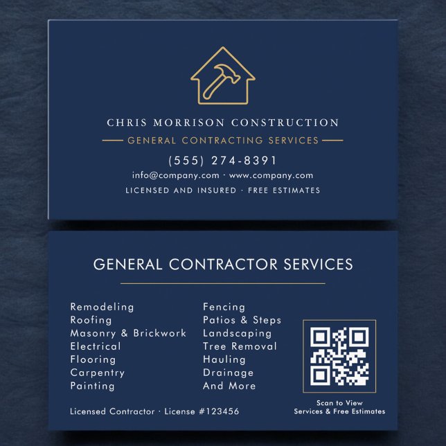 Carte De Visite Code QR de l'entrepreneur général Bleu Marine (Créateur téléchargé)