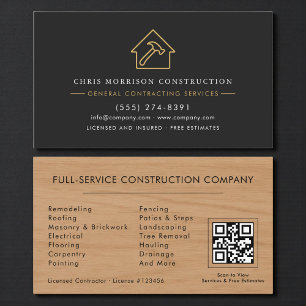 Carte De Visite Code QR de l'entrepreneur général en bois rustique