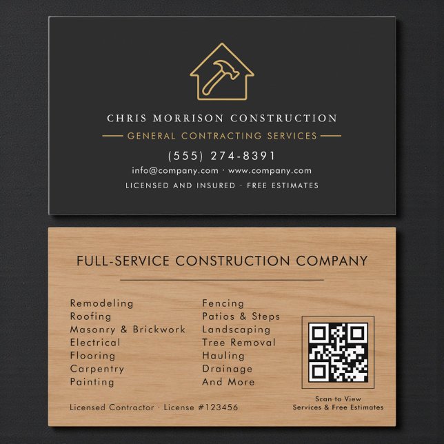 Carte De Visite Code QR de l'entrepreneur général en bois rustique (Créateur téléchargé)