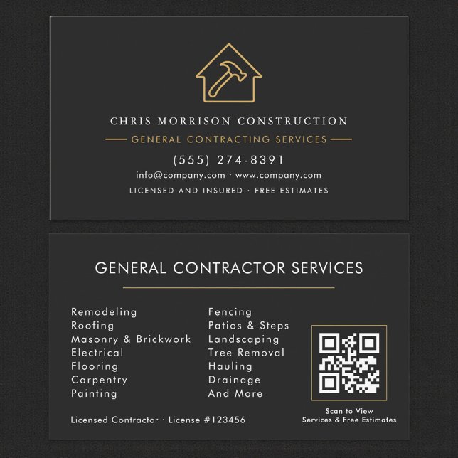 Carte De Visite Code QR de l'entrepreneur général moderne Black Go (Créateur téléchargé)