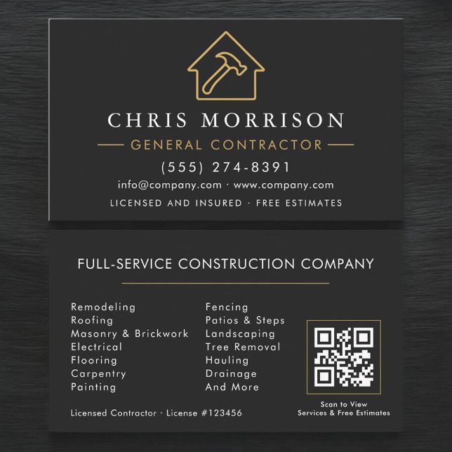 Carte De Visite Code QR de l'entrepreneur général professionnel  (Créateur téléchargé)